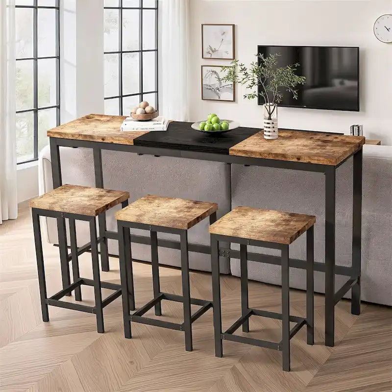 Natural/Grey & Black Color-Block Dining Table Set with 3 Stools, Seats 4