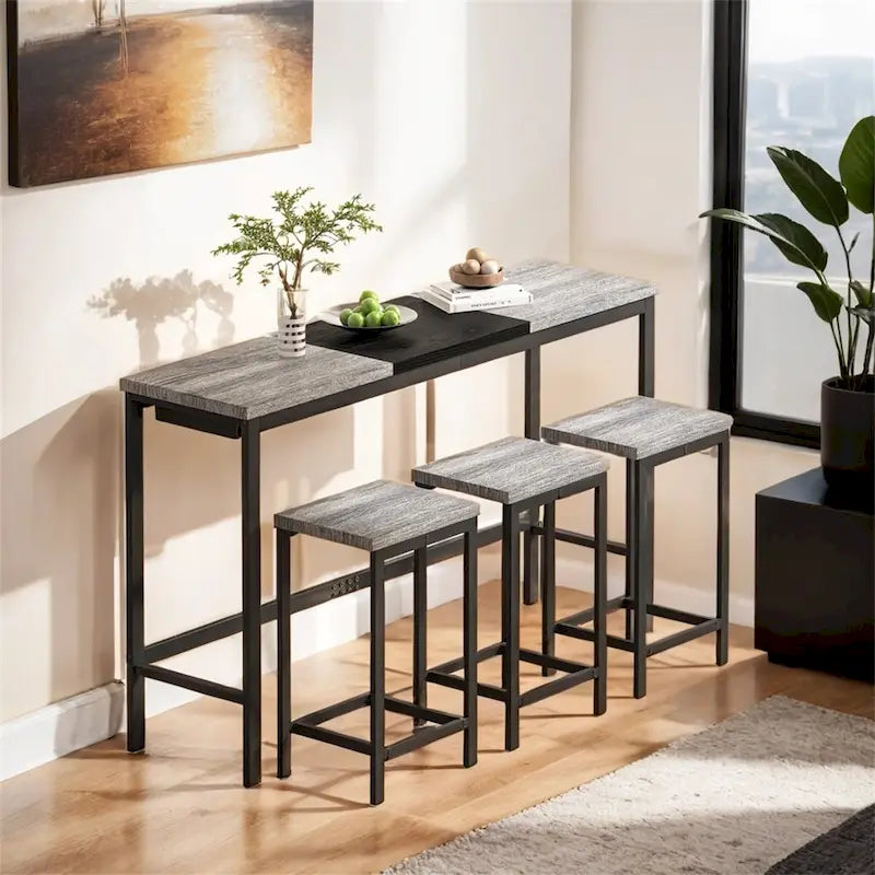 Natural/Grey & Black Color-Block Dining Table Set with 3 Stools, Seats 4