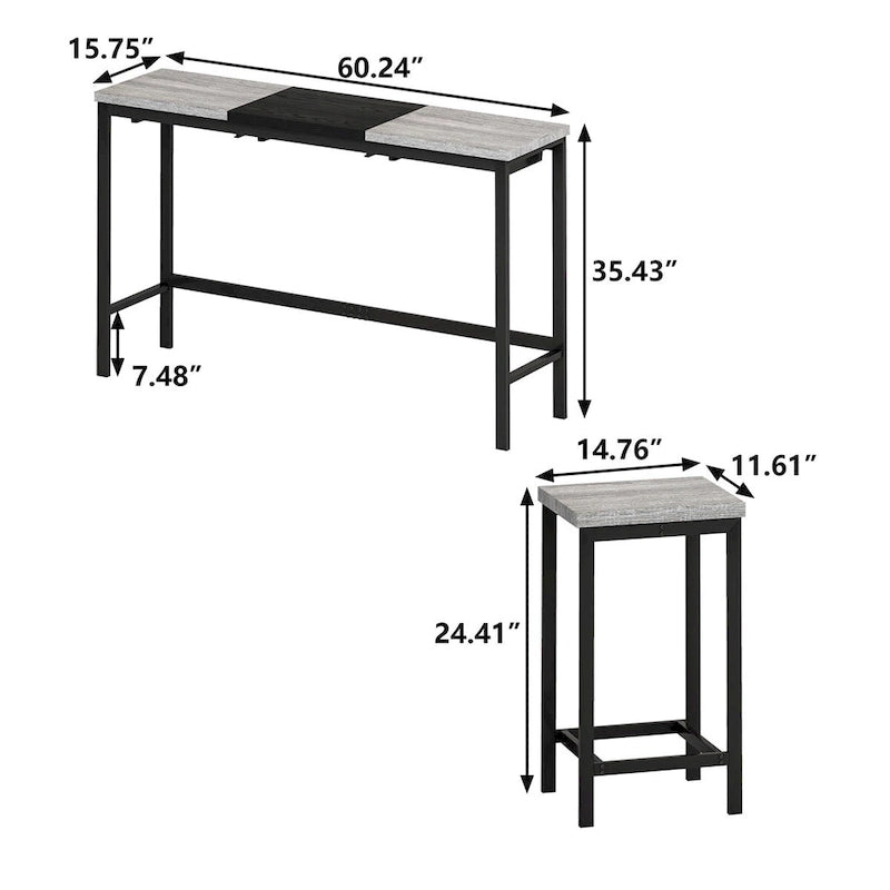 Natural/Grey & Black Color-Block Dining Table Set with 3 Stools, Seats 4