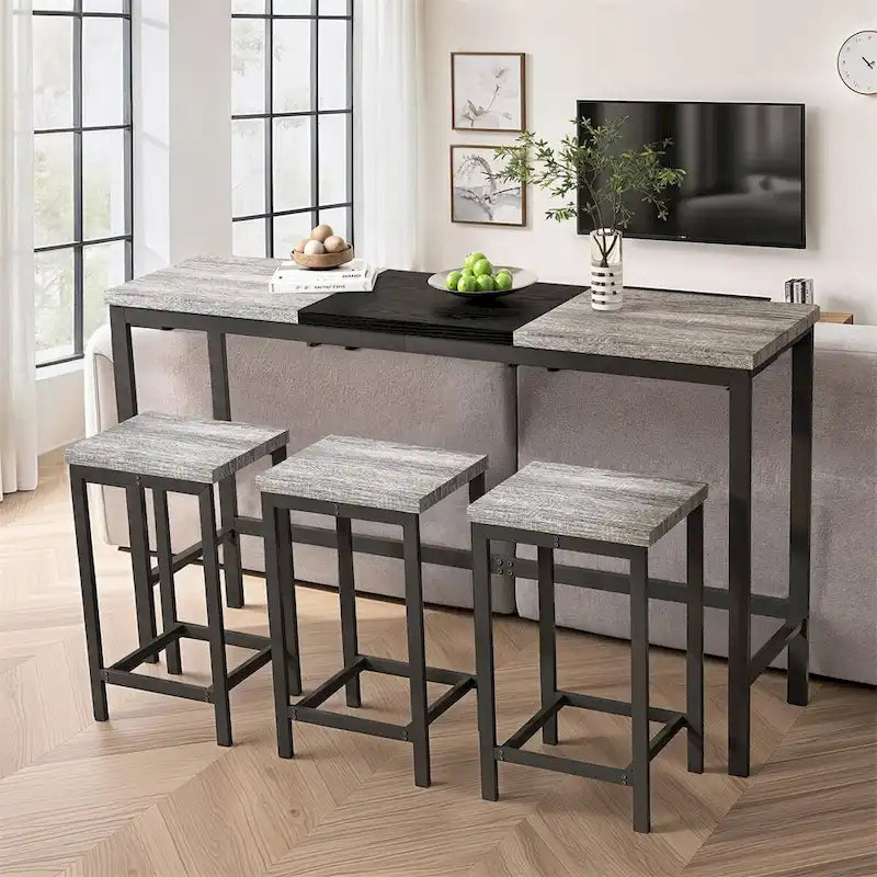 Natural/Grey & Black Color-Block Dining Table Set with 3 Stools, Seats 4