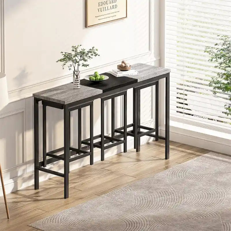 Natural/Grey & Black Color-Block Dining Table Set with 3 Stools, Seats 4