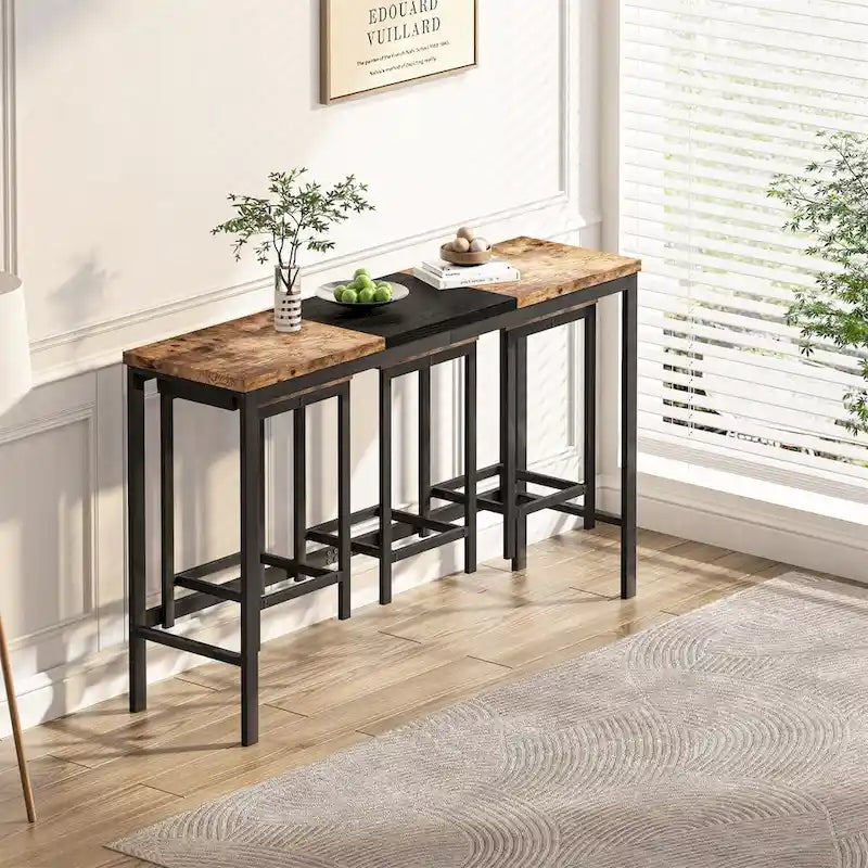 Natural/Grey & Black Color-Block Dining Table Set with 3 Stools, Seats 4
