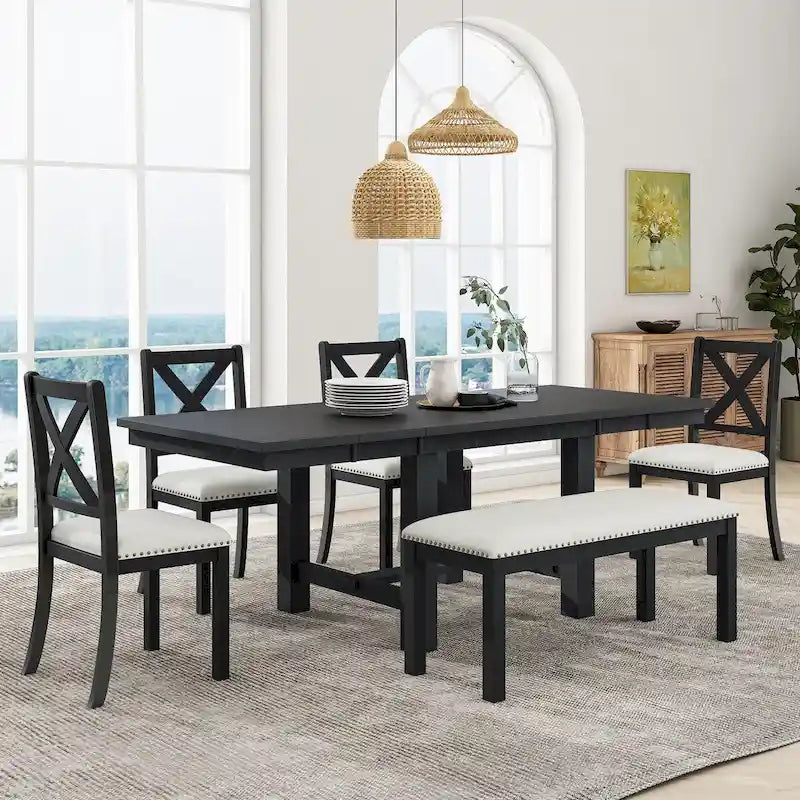 Black / Natural Extendable Dining Table Set with Bench, Seats 6