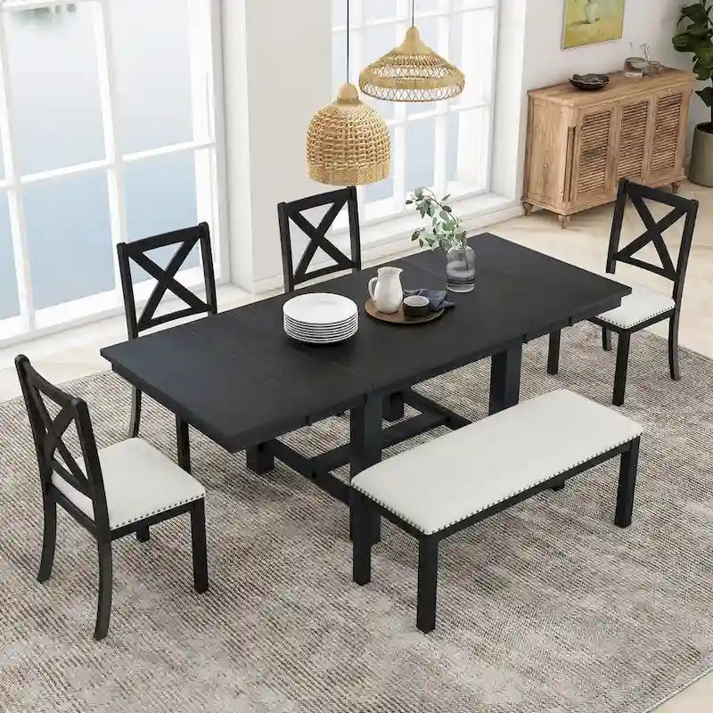 Farmhouse 6-Piece Extendable Dining Table Set with 11 Leaves, Acacia Wood Construction, Black Table, Beige Cushion, Seats 6