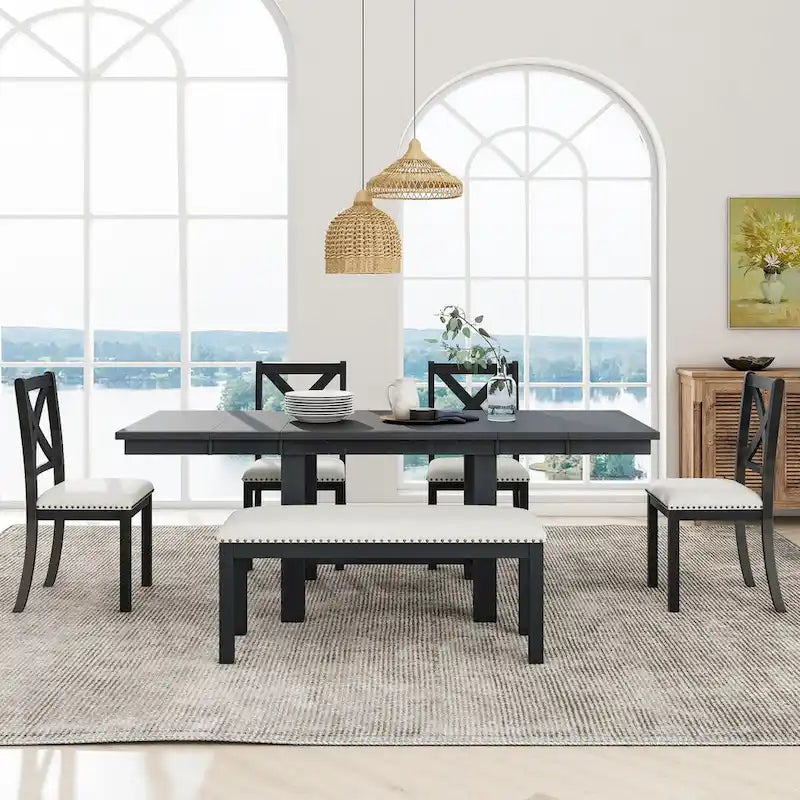 Black / Natural Extendable Dining Table Set with Bench, Seats 6