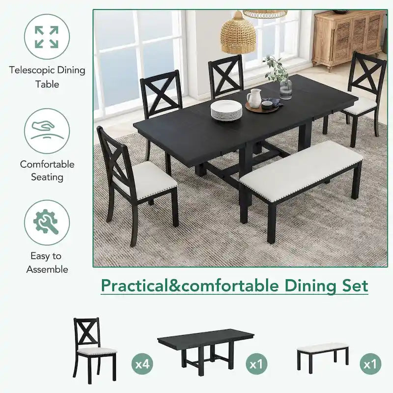 Black / Natural Extendable Dining Table Set with Bench, Seats 6