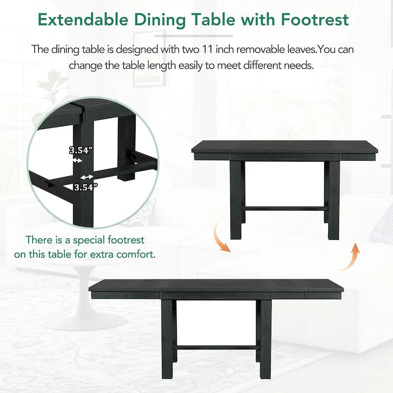 Farmhouse 6-Piece Extendable Dining Table Set with 11 Leaves, Acacia Wood Construction, Black Table, Beige Cushion, Seats 6