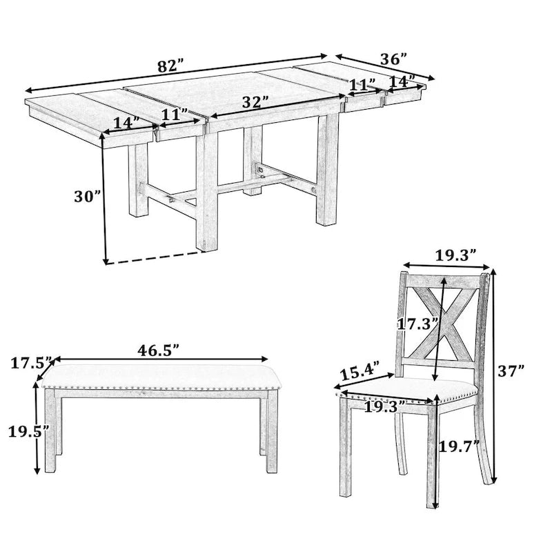 Black / Natural Extendable Dining Table Set with Bench, Seats 6