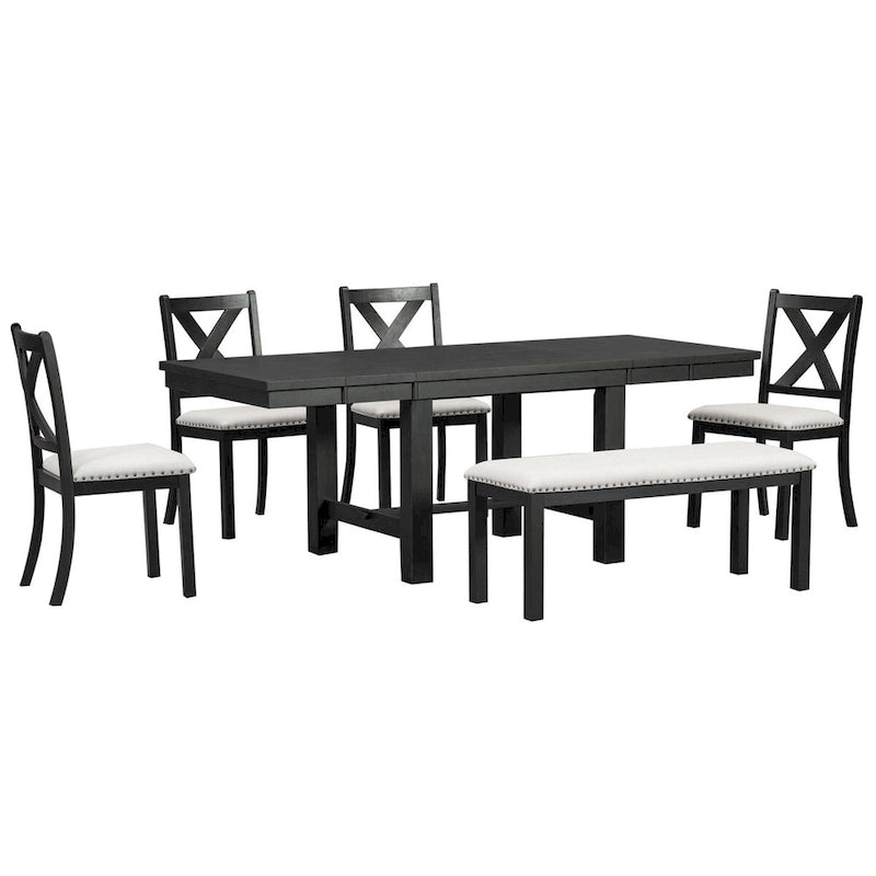 Black / Natural Extendable Dining Table Set with Bench, Seats 6