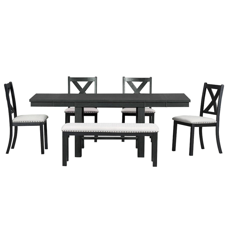 Black / Natural Extendable Dining Table Set with Bench, Seats 6