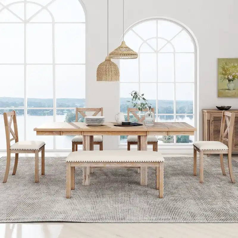 Black / Natural Extendable Dining Table Set with Bench, Seats 6