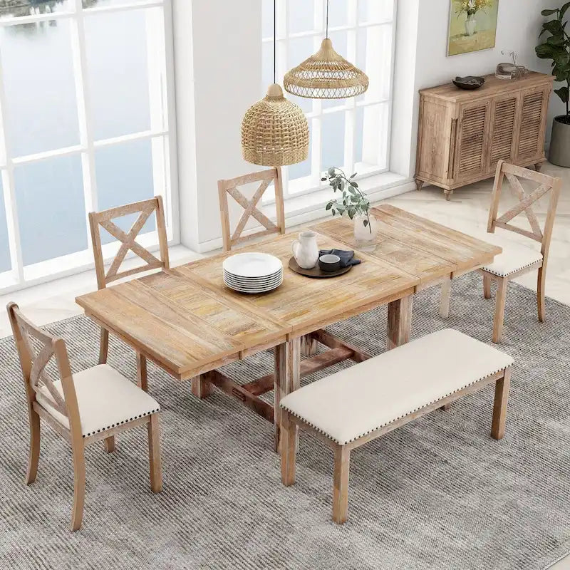 Black / Natural Extendable Dining Table Set with Bench, Seats 6