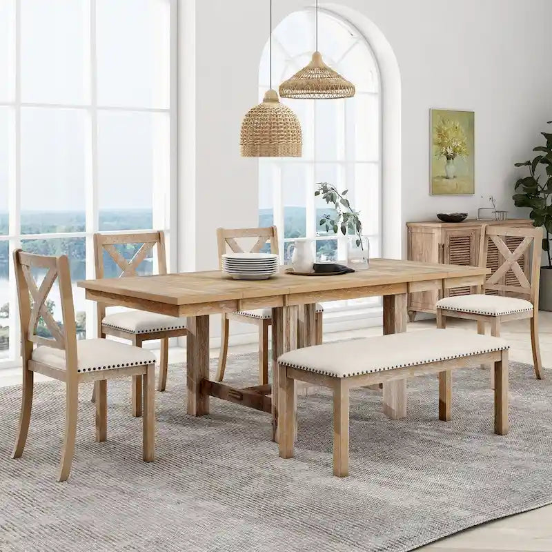 Black / Natural Extendable Dining Table Set with Bench, Seats 6
