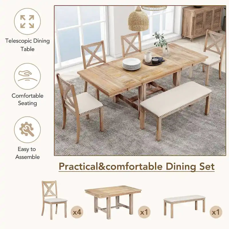Black / Natural Extendable Dining Table Set with Bench, Seats 6