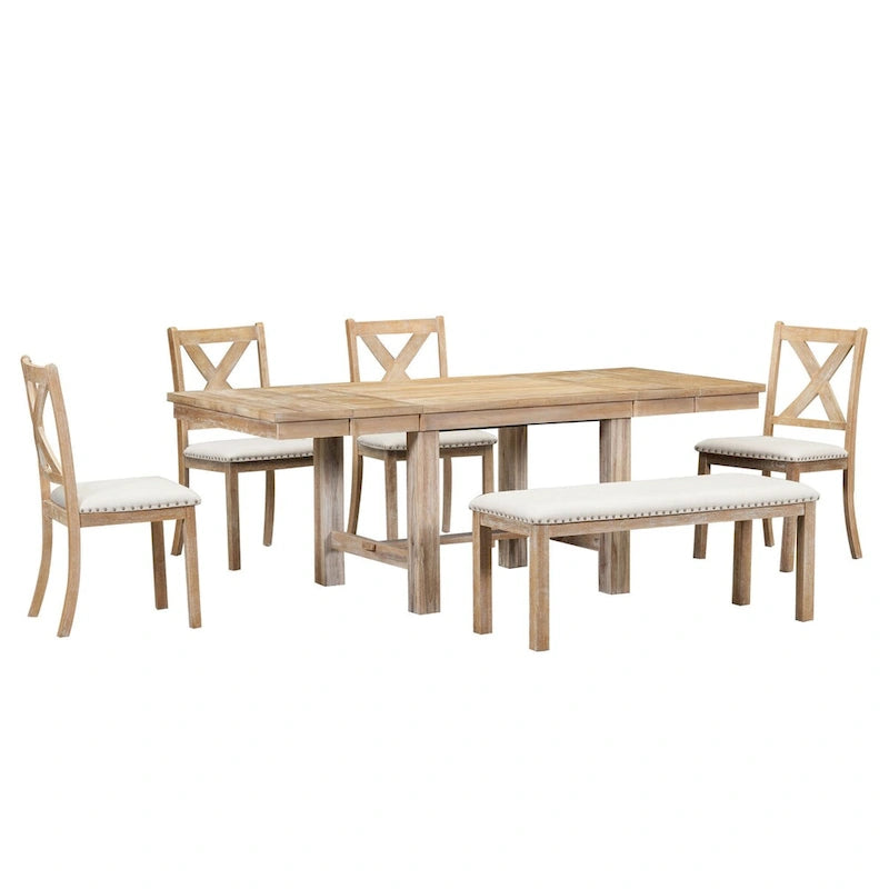 Black / Natural Extendable Dining Table Set with Bench, Seats 6
