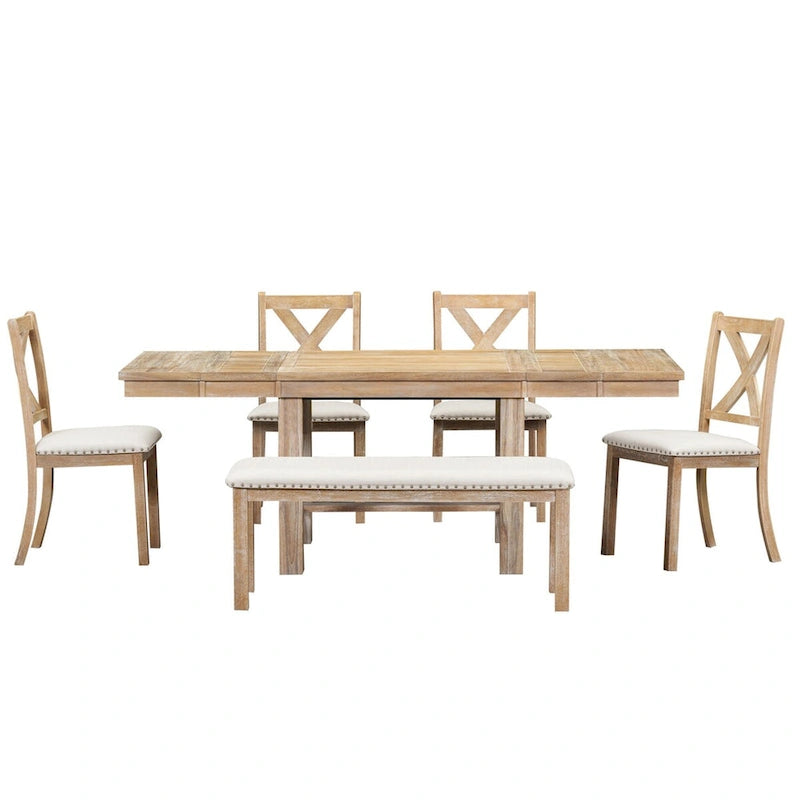 Black / Natural Extendable Dining Table Set with Bench, Seats 6