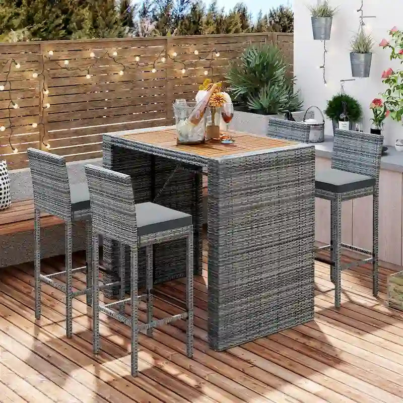 Brown & Gray 5-Person Outdoor Wicker Bar Set with Acacia Wood Table