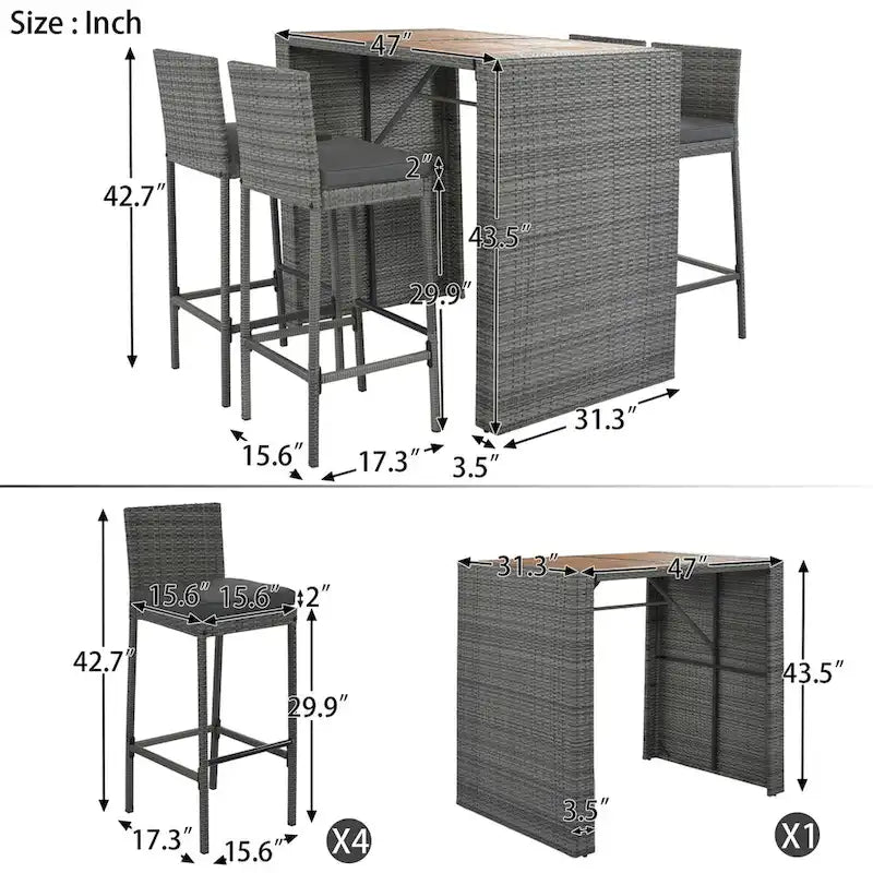 Brown & Gray 5-Person Outdoor Wicker Bar Set with Acacia Wood Table