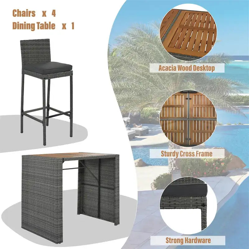 Brown & Gray 5-Person Outdoor Wicker Bar Set with Acacia Wood Table
