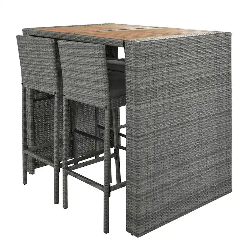 Brown & Gray 5-Person Outdoor Wicker Bar Set with Acacia Wood Table