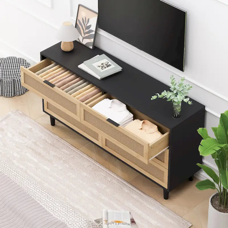 Black / Brown 6-Drawer Rattan Storage Dresser