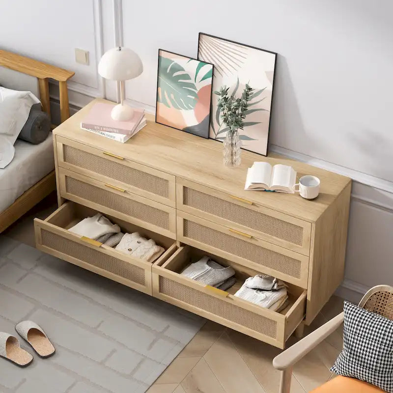 Black / Brown 6-Drawer Rattan Storage Dresser