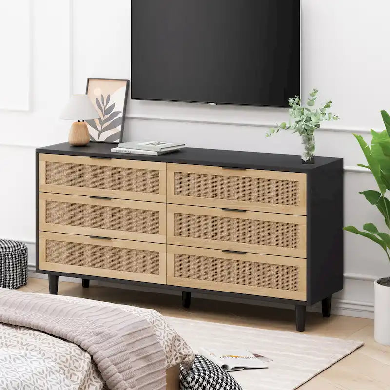 Black / Brown 6-Drawer Rattan Storage Dresser