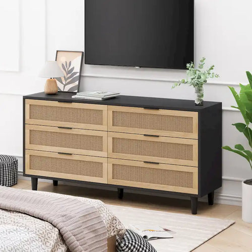 Black / Brown 6-Drawer Rattan Storage Dresser