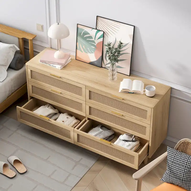 Black / Brown 6-Drawer Rattan Storage Dresser