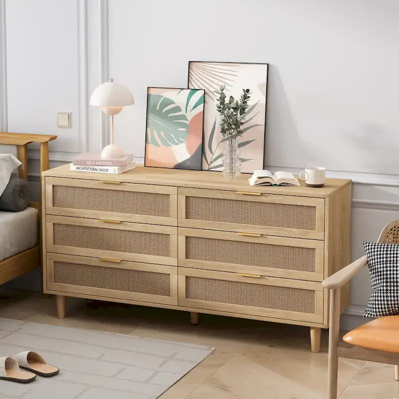 Black / Brown 6-Drawer Rattan Storage Dresser