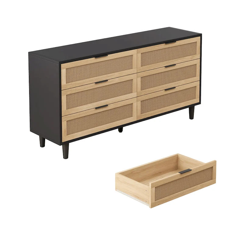 Black / Brown 6-Drawer Rattan Storage Dresser