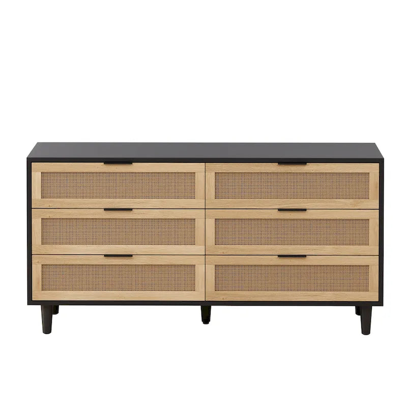 Black / Brown 6-Drawer Rattan Storage Dresser