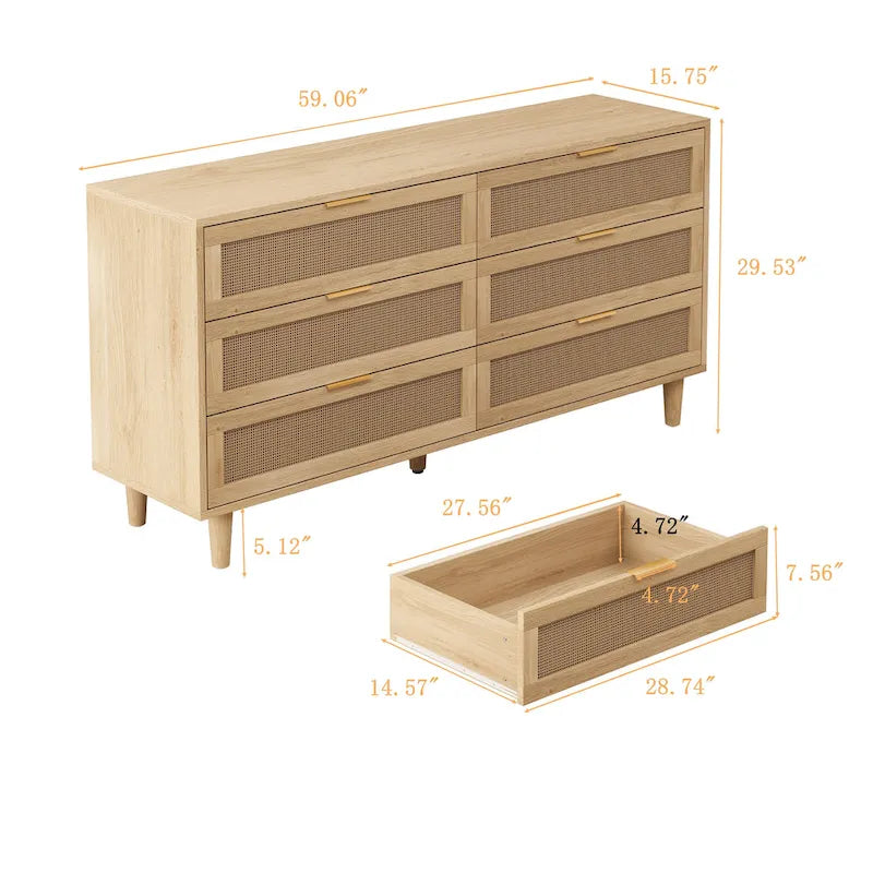 Black / Brown 6-Drawer Rattan Storage Dresser