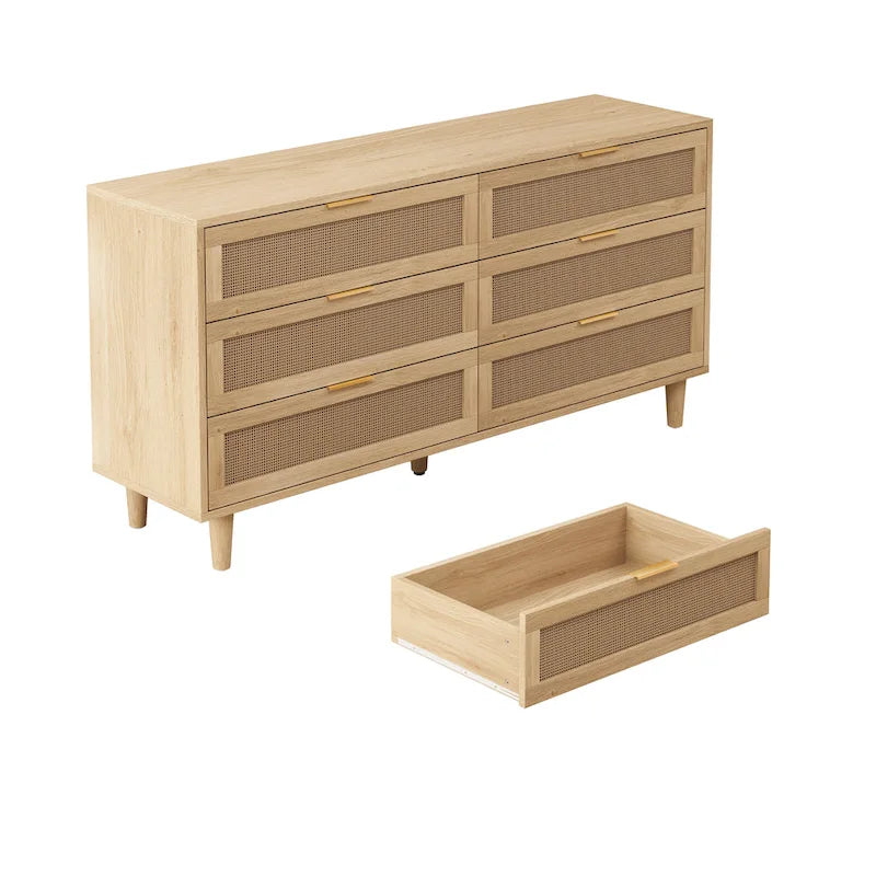 Black / Brown 6-Drawer Rattan Storage Dresser