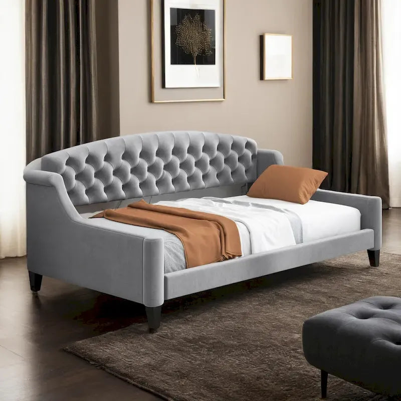Beige / Grey Full Size Wood Daybed – Sofa & Bed, Sleeps 2