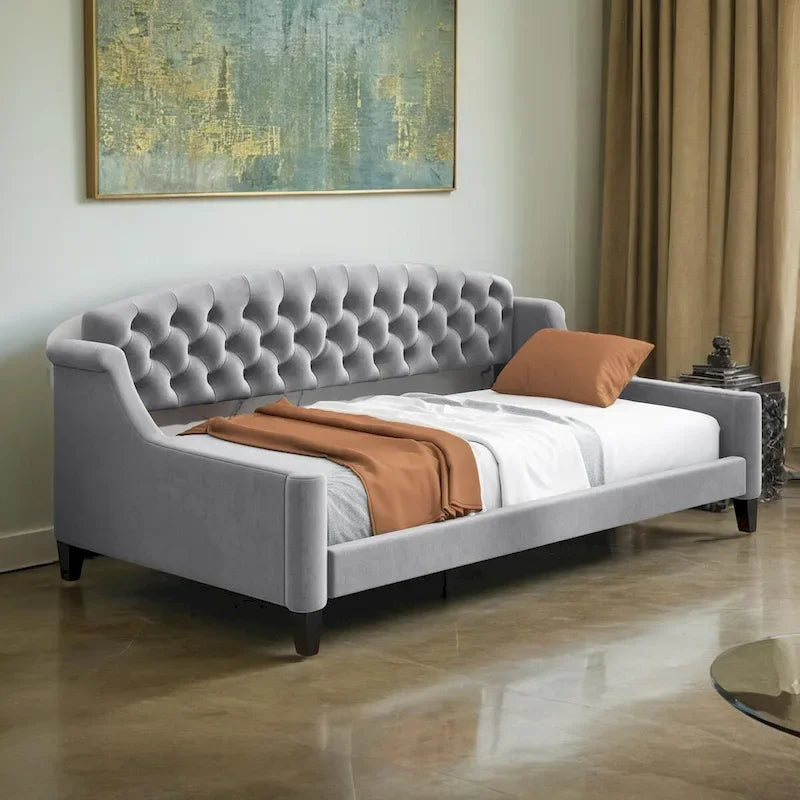 Beige / Grey Full Size Wood Daybed – Sofa & Bed, Sleeps 2