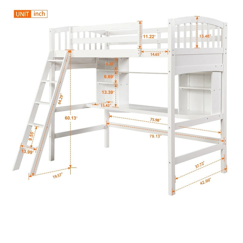 White Solid Wood Twin Size Loft Bed with Desk