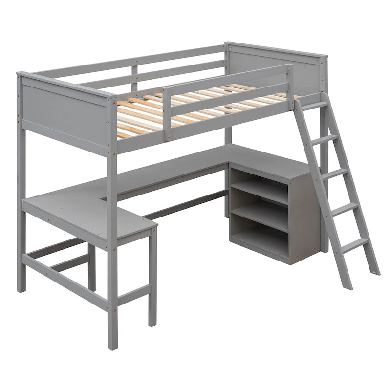 Wood Twin Loft Bed with Desk and Shelves