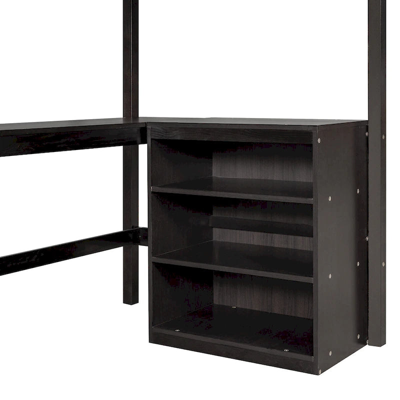 Wood Twin Loft Bed with Desk and Shelves
