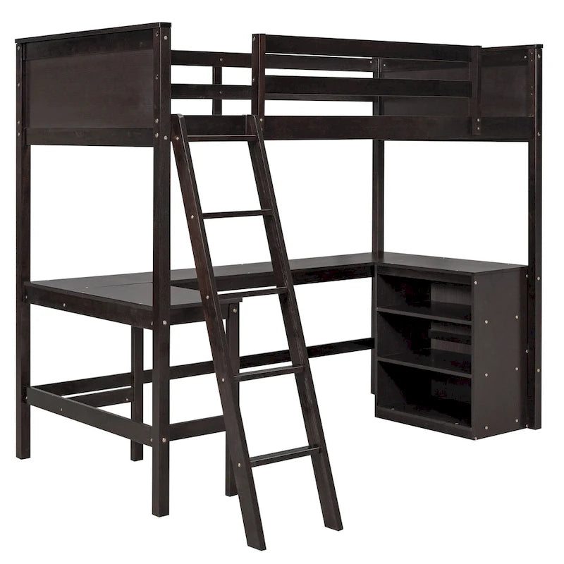 Wood Twin Loft Bed with Desk and Shelves