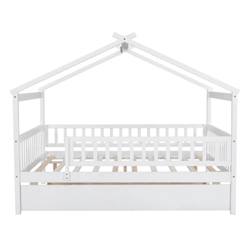 Full Pine House Bed with Twin Trundle, Guardrail