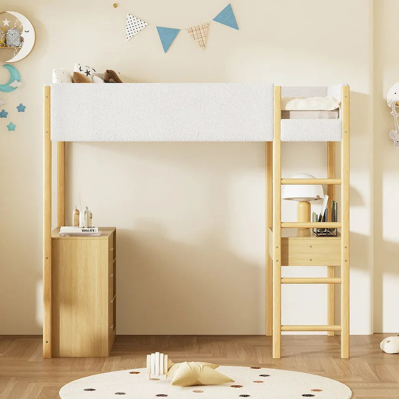 Twin Size Wood and Teddy Fleece Upholstered Loft Bed