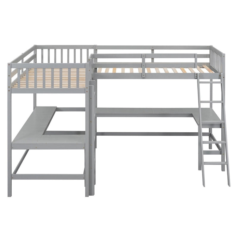 Twin Size L-Shaped Loft Bed Frame for Boys Girls Kids Adults Toddler with Ladder and 2 Built-in L-Shaped Desks