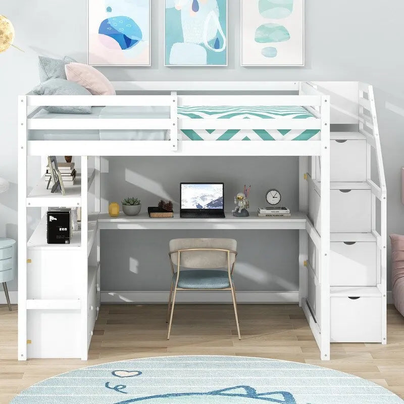 Wooden Full Size Loft Bed with Desk and Shelves, Two Built-in Drawers, Storage Staircase