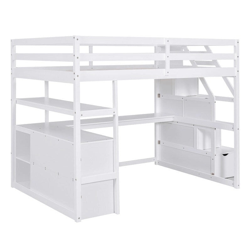 Wooden Full Size Loft Bed with Desk and Shelves, Two Built-in Drawers, Storage Staircase