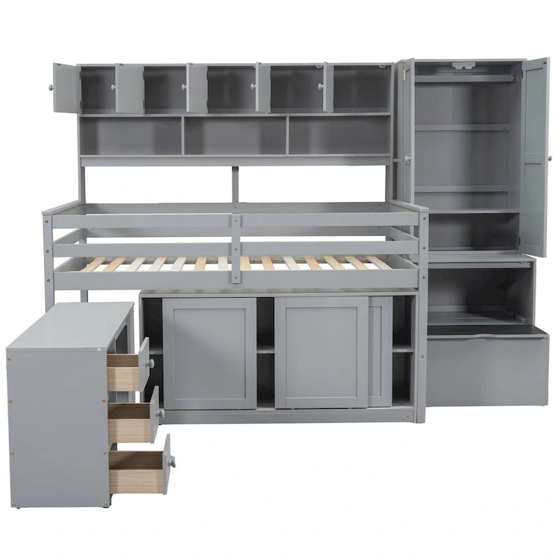 Wooden Loft Bed Big Storage with Under-bed Desk, Drawers and Shelves