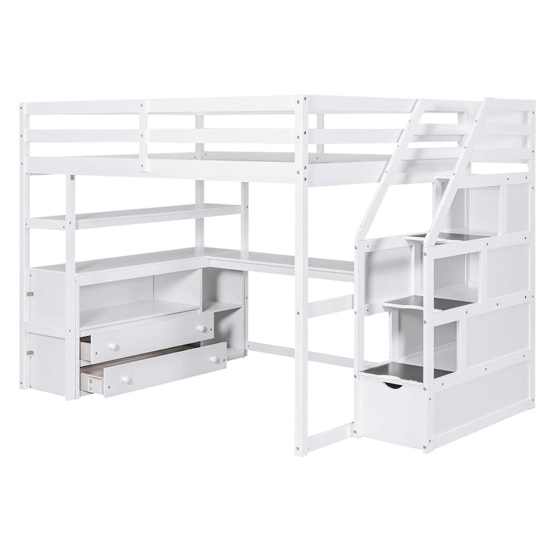 White Loft Bed with Desk and Shelves, Two Built-in Drawers, Storage Staircase