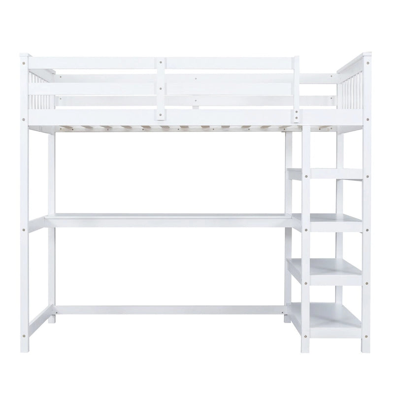 White Solid Wood Loft Bed with Integrated Desk, Storage Shelves, Stable Guardrails