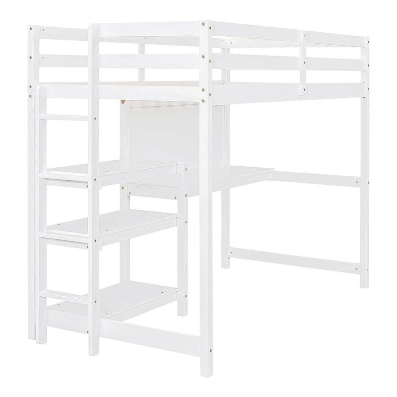White Wooden Loft Bed with 3-Layer Shelves, Desk, and Writing Board, Full-Length Guardrail