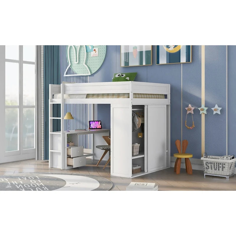 Wood with Wardrobes and 2-Drawer Desk with Cabinet